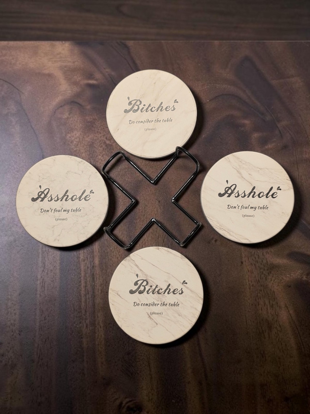 Sassy Marble Coaster Set with Black Metal Holder